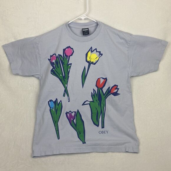 Obey Dutch Cut Tulips Floral Graphic Shirt Small Blue Short Sleeve Crewneck - Picture 1 of 7